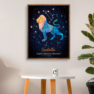 Löwe Sternbild Tierkreis Wasserfarbe Sterne Galaxi Poster