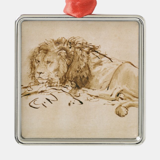 Löwe-Stillstehen (Feder auf Papier) Silbernes Ornament (Vorne)
