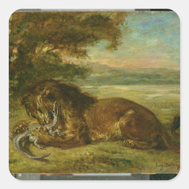 Löwe und Alligator, 1863 Quadratischer Aufkleber (Vorderseite)