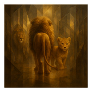 Löwe und Jungtier in einem goldenen Spiegel-Labyri Poster