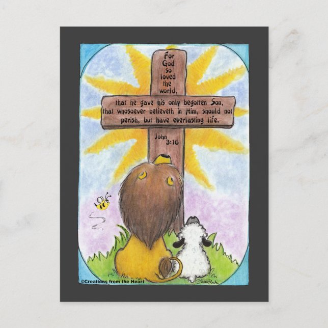 Löwe und Lamm am Kreuz Postkarte (Vorderseite)