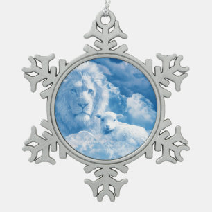 Löwe und Lamm in den Wolken Schneeflocken Zinn-Ornament