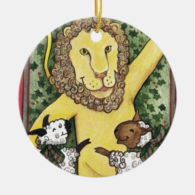 Löwe und Lämmer, Weihnachtsverzierung Keramikornament (Vorne)