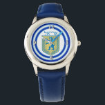 Löwe von Judah Emblem Ariel Hebrew<br><div class="desc">Die blaue Armbanduhr aus Edelstahl mit dem Bild eines blauen und gelben Löwen von Juda auf weiß mit hellblauen und dunkelblauen Rahmen und "Ariel" auf Hebräisch in blauen Buchstaben darüber. Optionale Silber-Uhr-Oberfläche. Sehen Sie dazu die passende quadratische Taste, den quadratischen Charme, den großen quadratischen Premiummetall-Schlüsselanhänger, den viereckigen doppelseitigen Acryl-Schlüsselanhänger und...</div>