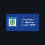 Löwe von Judah Emblem Jerusalem Hebräisch Adressaufkleber<br><div class="desc">1.25" x 2.375" königsblaues Adressetikett mit einem Bild eines blauen und gelben Löwen des Judah Emblems auf weiß in einem türkisfarbenen und königsblauen Rahmen. Siehe dazu passende Konfetti,  Rundaufkleber und Packpapier. Die gesamte Sammlung des Hanukkah-Labels finden Sie unter der Kategorie OFFICE im Bereich HOLIDAYS.</div>