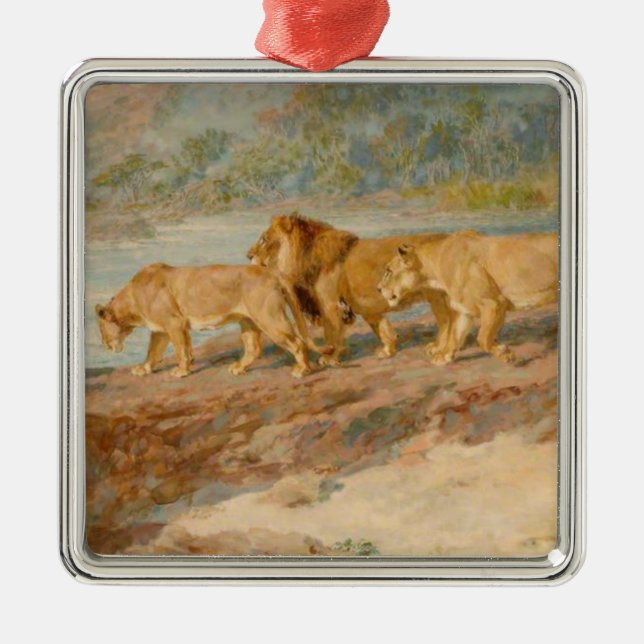 Löwen auf der Bank eines afrikanischen Flusses Ornament Aus Metall (Vorne)