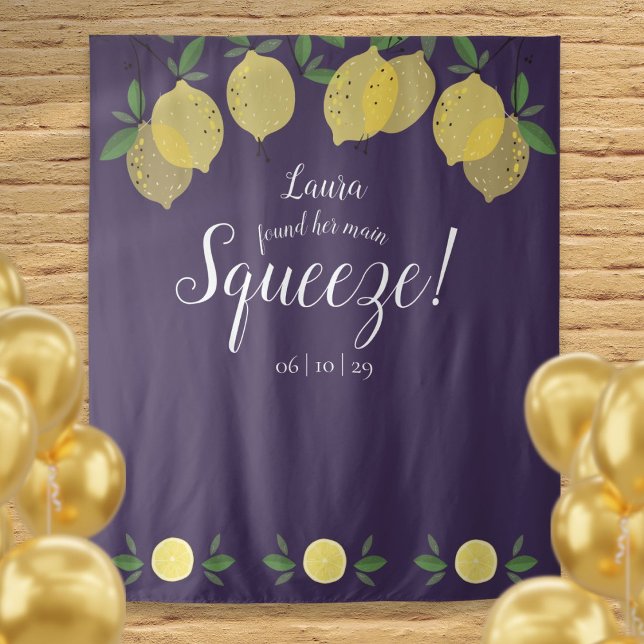 Löwen Hauptpresse Brautparty Lila Hintergrund Wandteppich (Lemons Main Squeeze Bridal Shower Purple Backdrop)