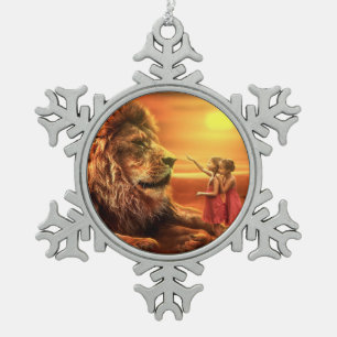 Löwen und kleine Mädchen Schneeflocken Zinn-Ornament