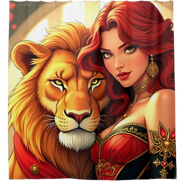 Löwen und Lady Art Duschvorhang (Vorderseite)