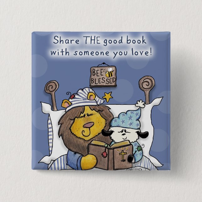 Löwen und Lamb teilen das gute Buch Button (Vorderseite)