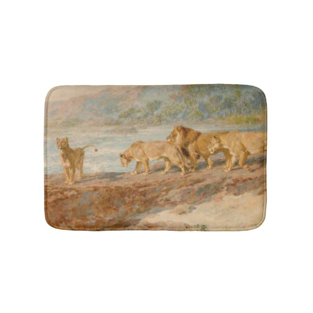 Löwen und Löwen auf der Bank eines afrikanischen F Badematte (Vorderseite)