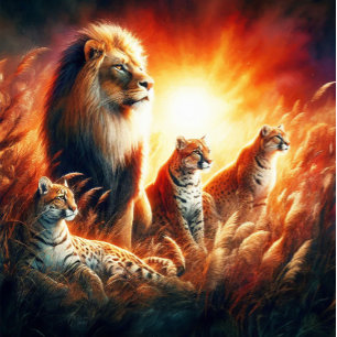 Löwen und Tiger in Sonnenuntergangs-Wildgräsern Puzzle