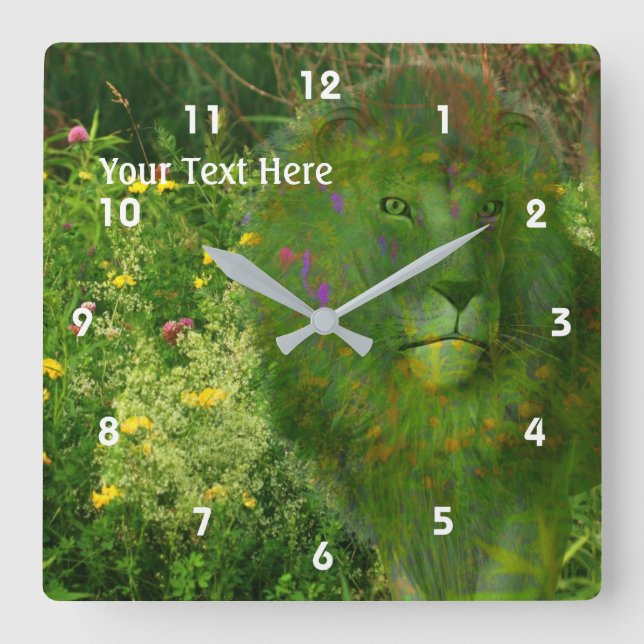 Löwen und Wildblumen Fantasy Art Quadratische Wanduhr (Vorderseite)