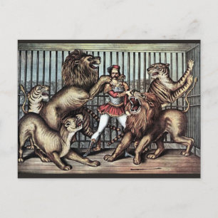 Löwenbändiger im Käfig mit Löwen Zirkusposter Postkarte