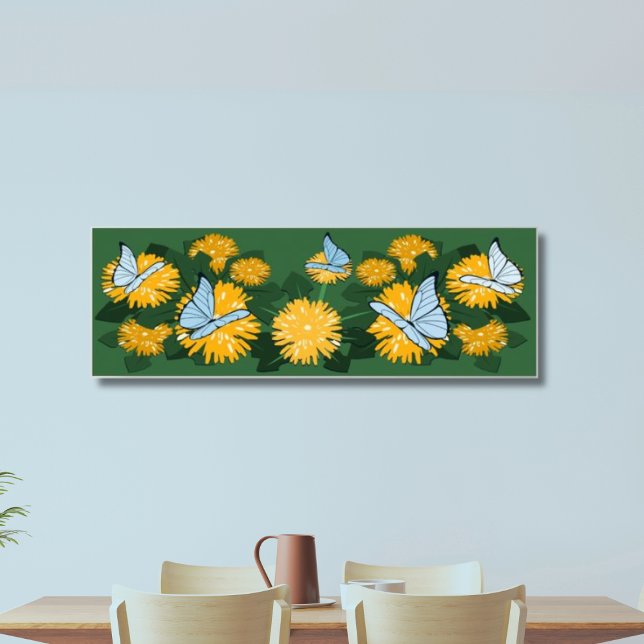 Löwenbett und Schmetterlinge Gelb & Grün Poster (Dandelion & Butterflies, Yellow & Green Art)