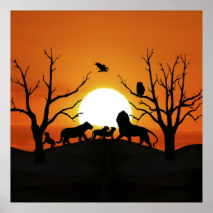 Löwenfamilie bei Sonnenuntergang in Afrika Poster