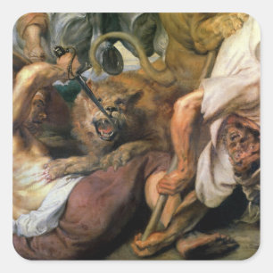 Löwenjagd, Detail von zwei Männern und einem Löwen Quadratischer Aufkleber