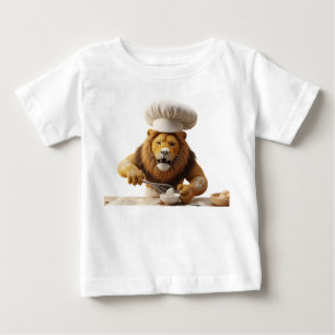 Löwenkoch beim Backen mit Schneebesen und Mehl in Baby T-shirt