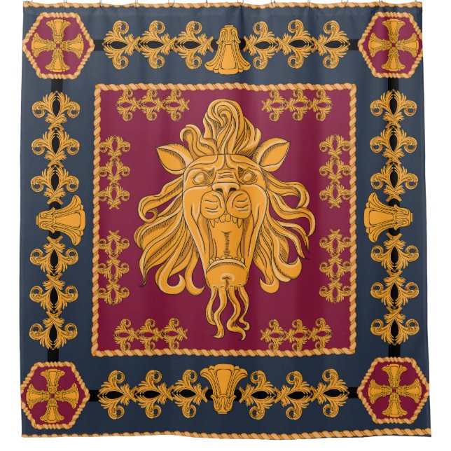 Löwenkopfschal: goldenes Motiv. Duschvorhang (Vorderseite)