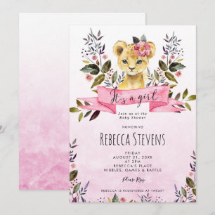 Löwenkuchen Rosa Blumenmädchen Einladung zur Babyd