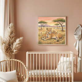 Löwenmutter und Kinderkinderzimmer Poster