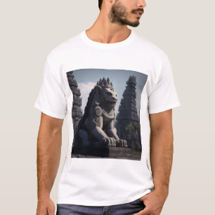 Löwenstatue mit Prambanan Tempel im Hintergrund T-Shirt
