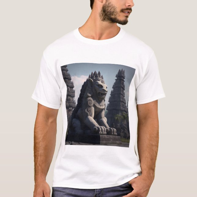 Löwenstatue mit Prambanan Tempel im Hintergrund T-Shirt (Vorderseite)