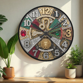 Löwenuhr, Tierzeichen, Steampunk, Edelsteine Runde Wanduhr