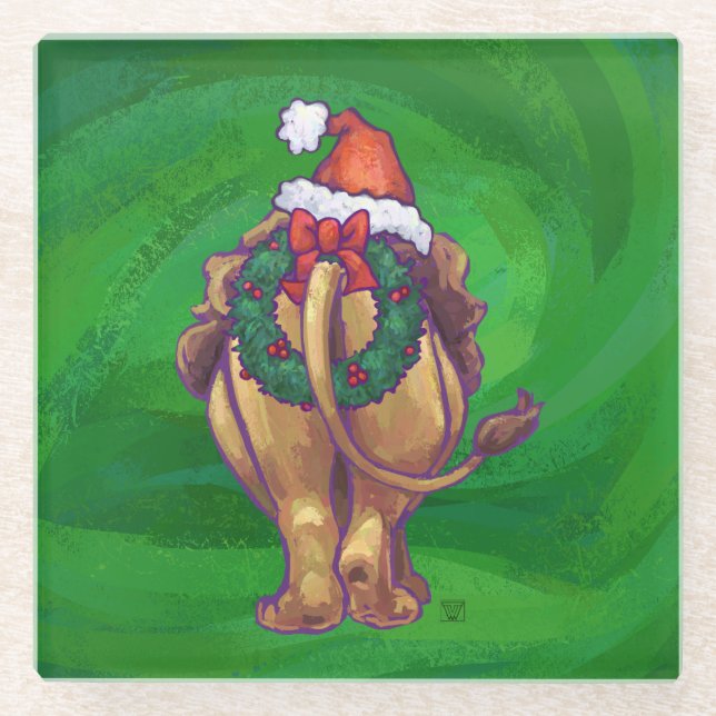 Löwenweihnacht auf Grün Glasuntersetzer (Vorderseite)