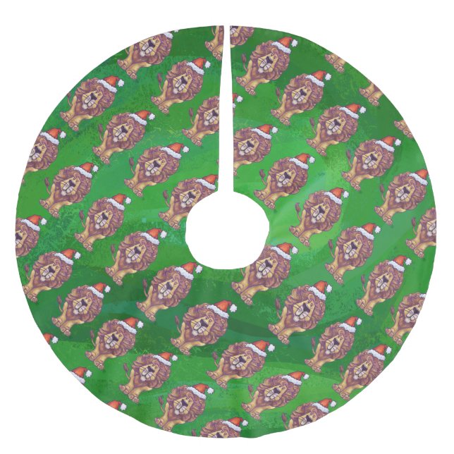 Löwenweihnacht auf Grün Polyester Weihnachtsbaumdecke (Vorderseite)