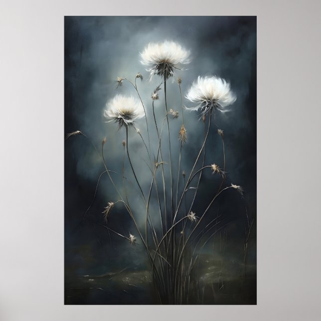 Löwenzahn auf dunklem Feld, Wildblumen-Druck Poster (Vorne)