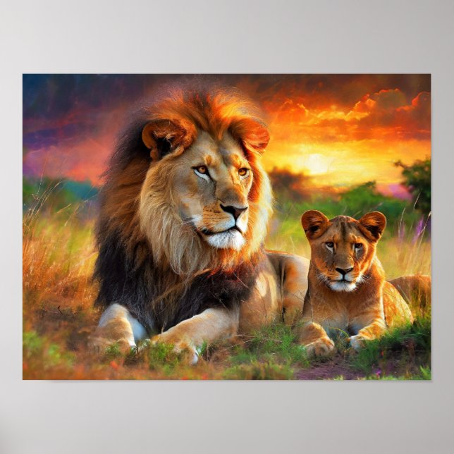 Löwin mit Jungtier Poster (Vorne)