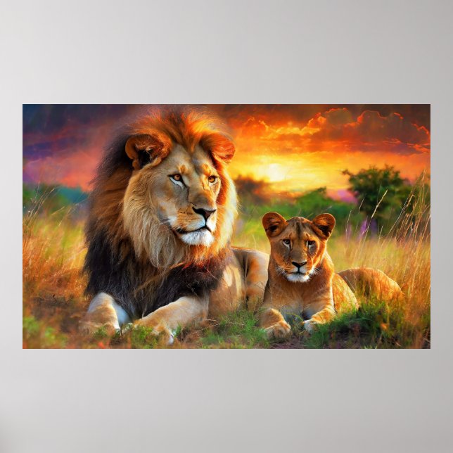 Löwin mit Jungtier Poster (Vorne)