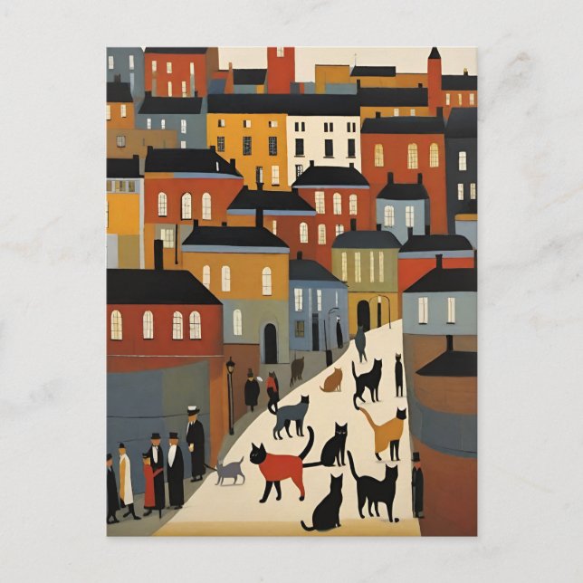 Lowry Style Cat Postcard Postkarte (Vorderseite)