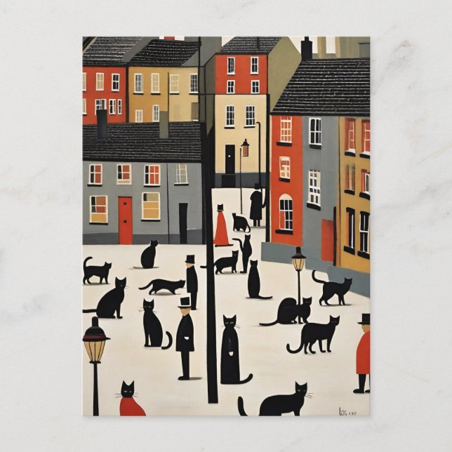 Lowry Style Cat Postcard Postkarte (Vorderseite)