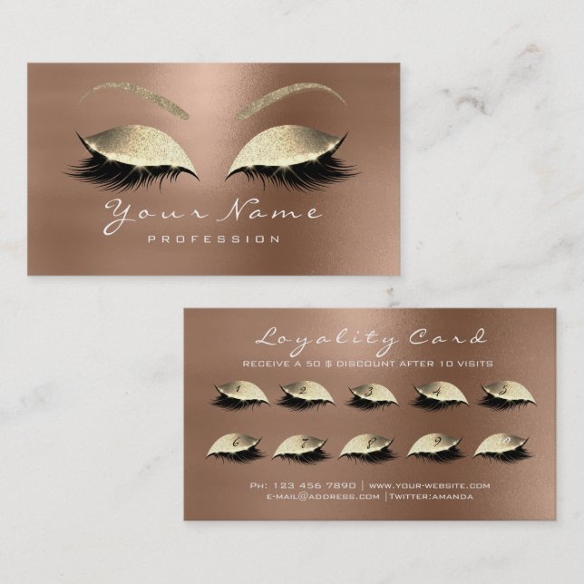Loyalty Card 10 Makeup Lashes Coffe Gold Treuekarte (Vorne/Hinten)