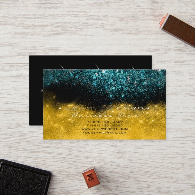 Loyalty Card 6 Beauty Salon Aquamarin Blue Gold Gl Treuekarte (Vorderseite/Rückseite Beispiel)