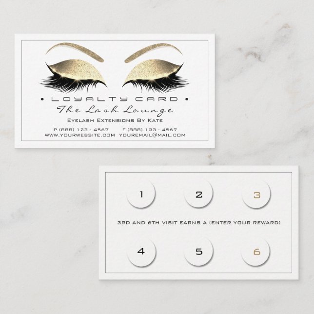 Loyalty Card 6 Beauty Salon Lashes White Gold Blac Treuekarte (Vorne/Hinten)