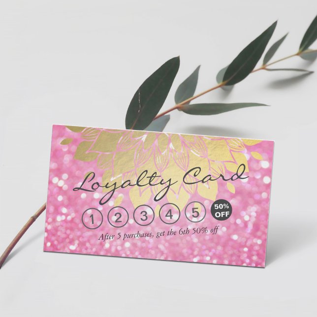 Loyalty Card Rosa Glitzer Gold Blütenmakeup Haar Treuekarte (Von Creator hochgeladen)