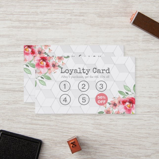 Loyalty Card Vintages Blumenmuster und Haarstil Treuekarte (Vorderseite/Rückseite Beispiel)