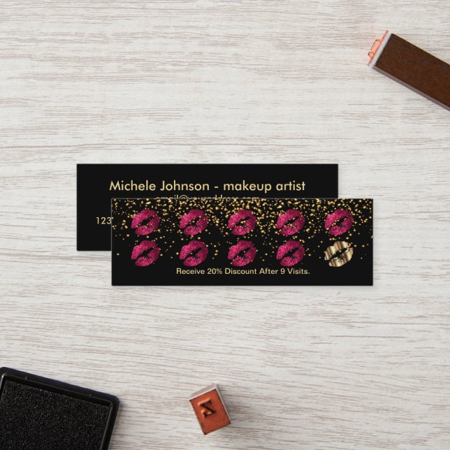 Loyalty Punch Card - Hot Pink Glitzer und Gold 3 Treuekarte (Vorderseite/Rückseite Beispiel)