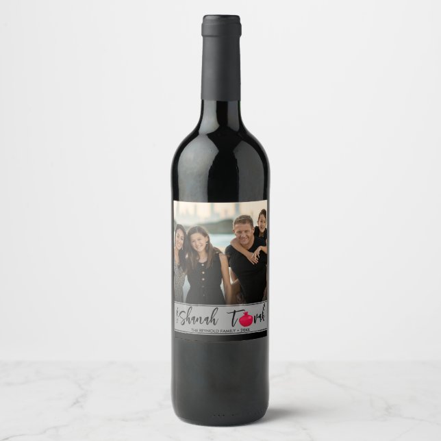 L'Shanah Tovah Pomegranate Elegantes Skript-Foto Weinetikett (Vorderseite)