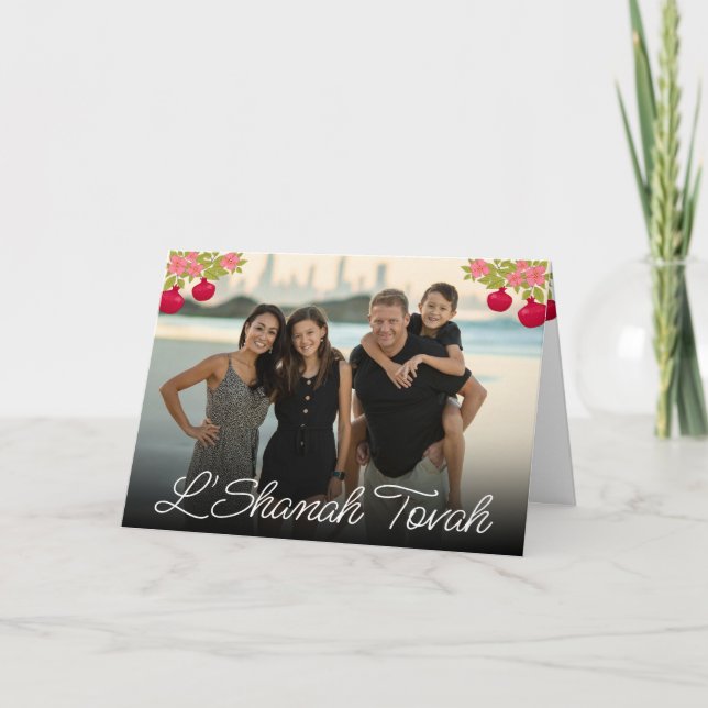 L'Shanah Tovah Script Foto Pomegranate Blume Karte (Vorderseite)