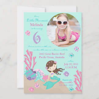 Lt Brünett Mermaid 6. Geburtstag Einladung