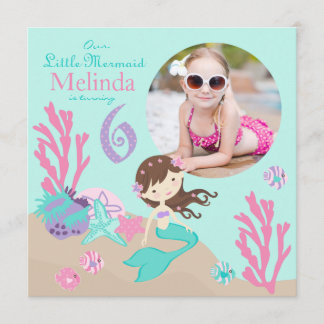 Lt Brünett Mermaid 6. Geburtstag Einladung