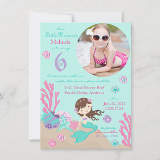 Lt Brünett Mermaid 6. Geburtstag Einladung