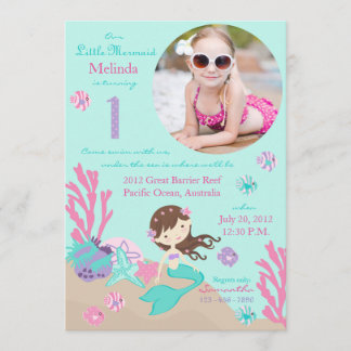 Lt Brünett Mermaid Erster Geburtstag Einladung