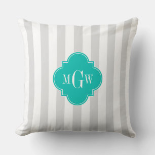 Lt Grau Weißer Streifen Teal Vierblatt 3 Monogramm Kissen