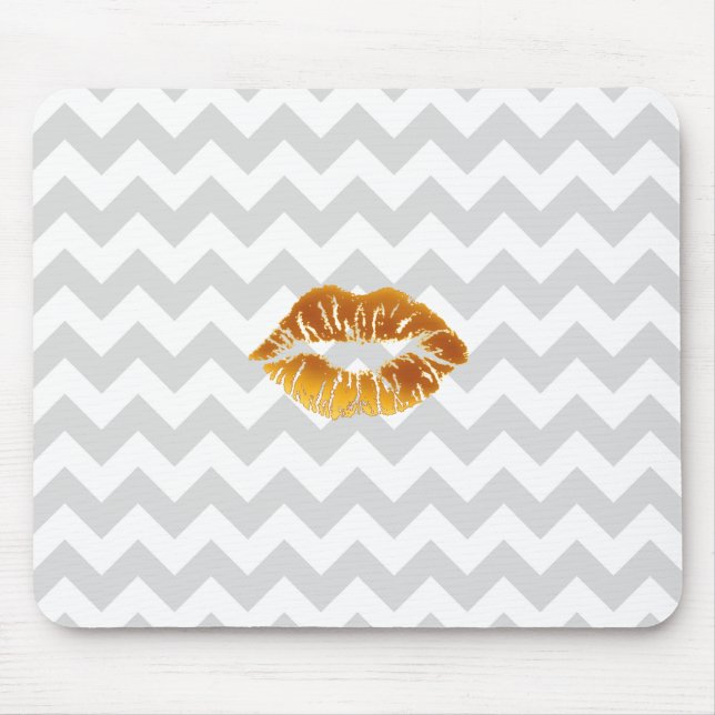 Lt Grau White Zickzack, Gold Lipstick Kiss Mousepad (Vorne)