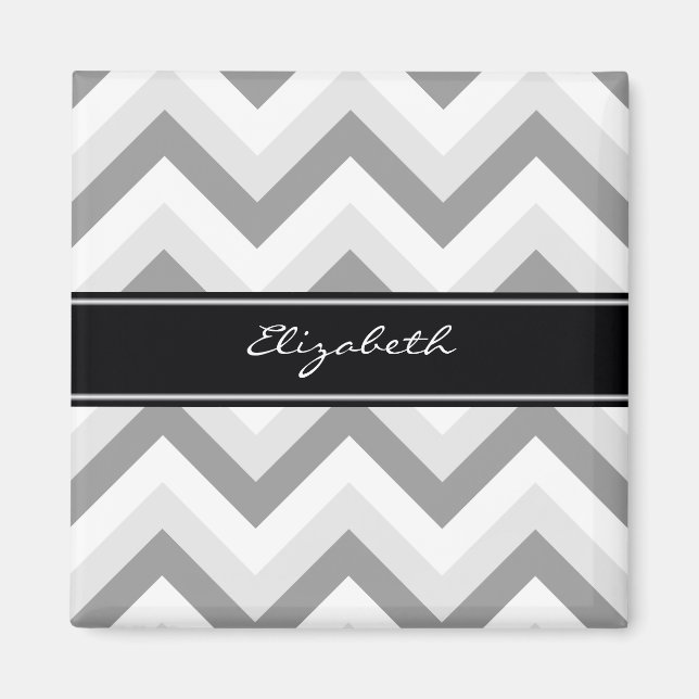 Lt Gray Med Grau Zickzack Black Name Monogram Magnet (Vorne)